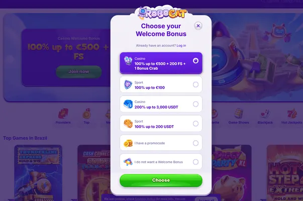 Robocat Casino Registrierungsseite Screenshot